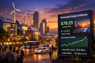 The image depicts a bustling modern city skyline at dusk with a vibrant mix of renewable energy sources integrated into the urban landscape Wind turbi-1
