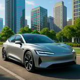 The image depicts a sleek modern vehicle showcasing its streamlined design and futuristic features The car is parked against a vibrant urban backdrop-1