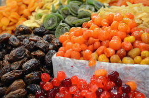 Dried fruits on display at a market