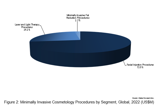 Круговая диаграмма Минимально инвазивные косметологические процедуры по сегментам, глобальные 2022 г.