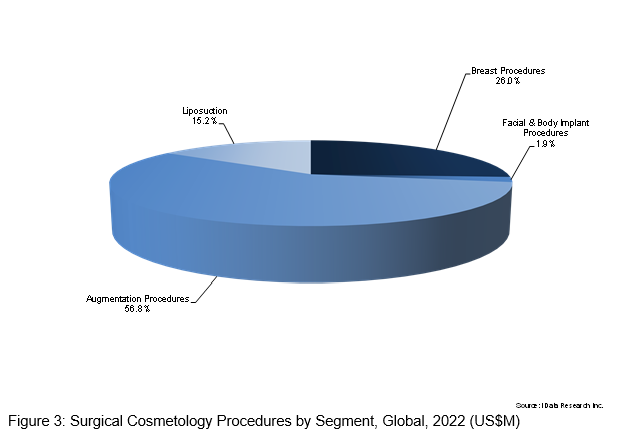 Круговая диаграмма Хирургические косметологические процедуры по сегментам, глобальные 2022