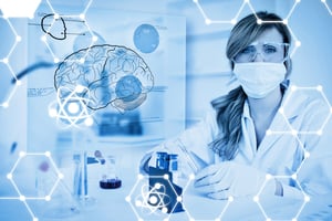 Science graphic against chemist working in protective suit with futuristic interface showing a brain