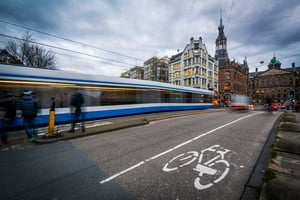 Traffic on Raadhuisstraat, in Amsterdam, The Netherlands.