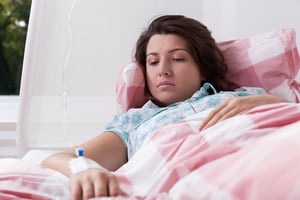 Young woman lying in hospital having intravenous therapy